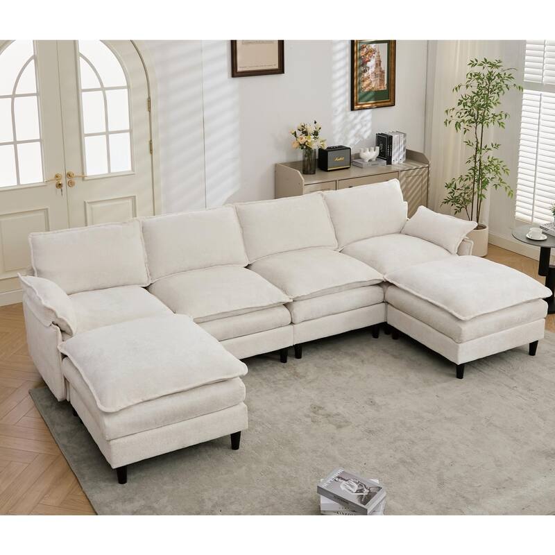 Oversized U Shaped Sectional Couch, Comfy Cloud Modular Sectional Sofa with 2 Ottoman Deep Seat Chenille Modern Cloud Sofa