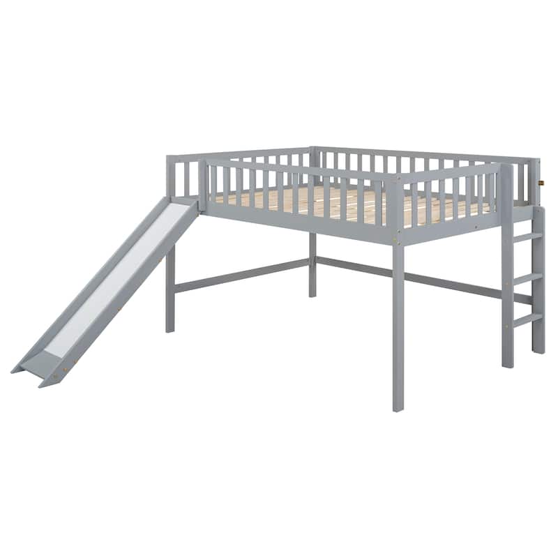 Full Size Low Loft Bed with Removable Slide and Space-Saving Ladder, Gray