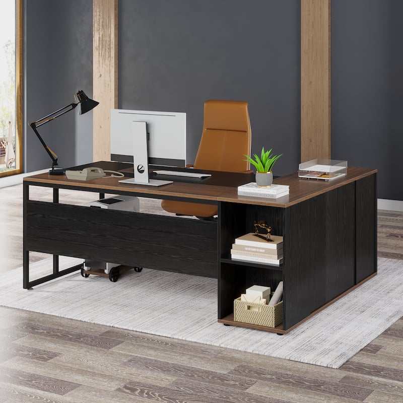 71 inch Executive Desk, L Shaped Desk with Cabinet and Shelves for Home Office