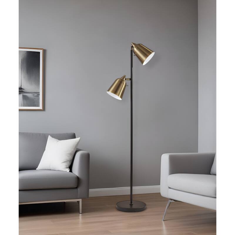 Black Metal Two Light Task Floor Lamp with Antiqued Brass Cone Shades Push Switch - 15” x 16” x 57.5” (D x W x H0