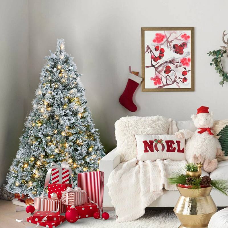 4FT Prelit Flocked Christmas Tree with Pine Needles & Eucalyptus Leaves,150 Warm White LED Lights,404 Tips, Hinged Branches