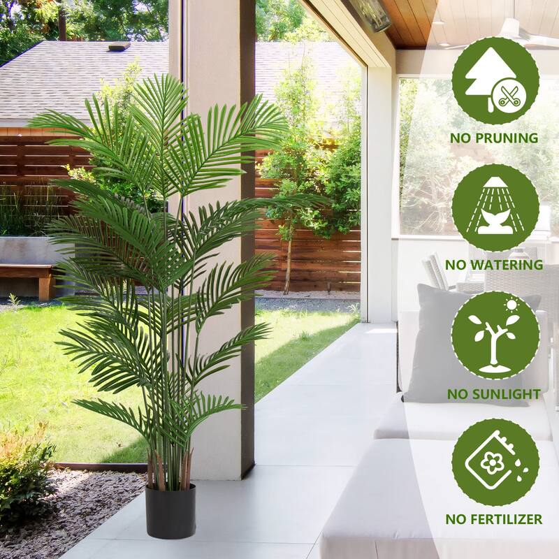 6FT Artificial Palm Tree Set of 2, Fake Tropical Palm Tree in Pot, Faux Dypsis Lutescens Plant with Realistic Leaves - Green