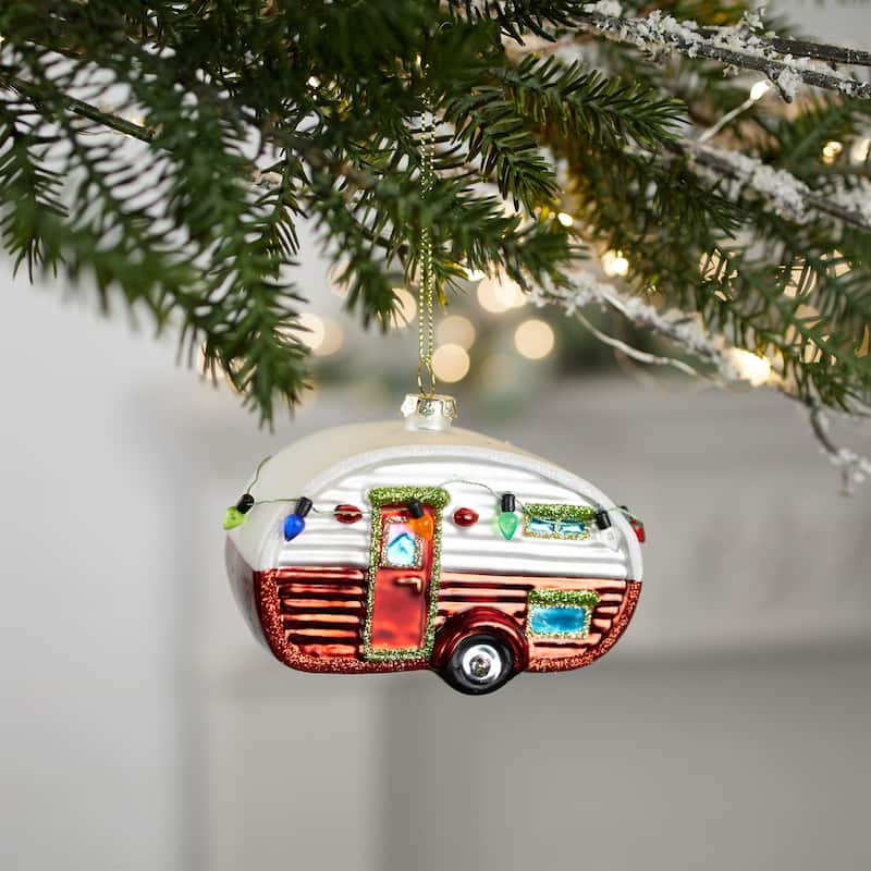 Set of 12 Red and White Glass Camper Ornaments with Festive Glitter Details for Holiday Decorating - 4”L x 2”W x 3”H