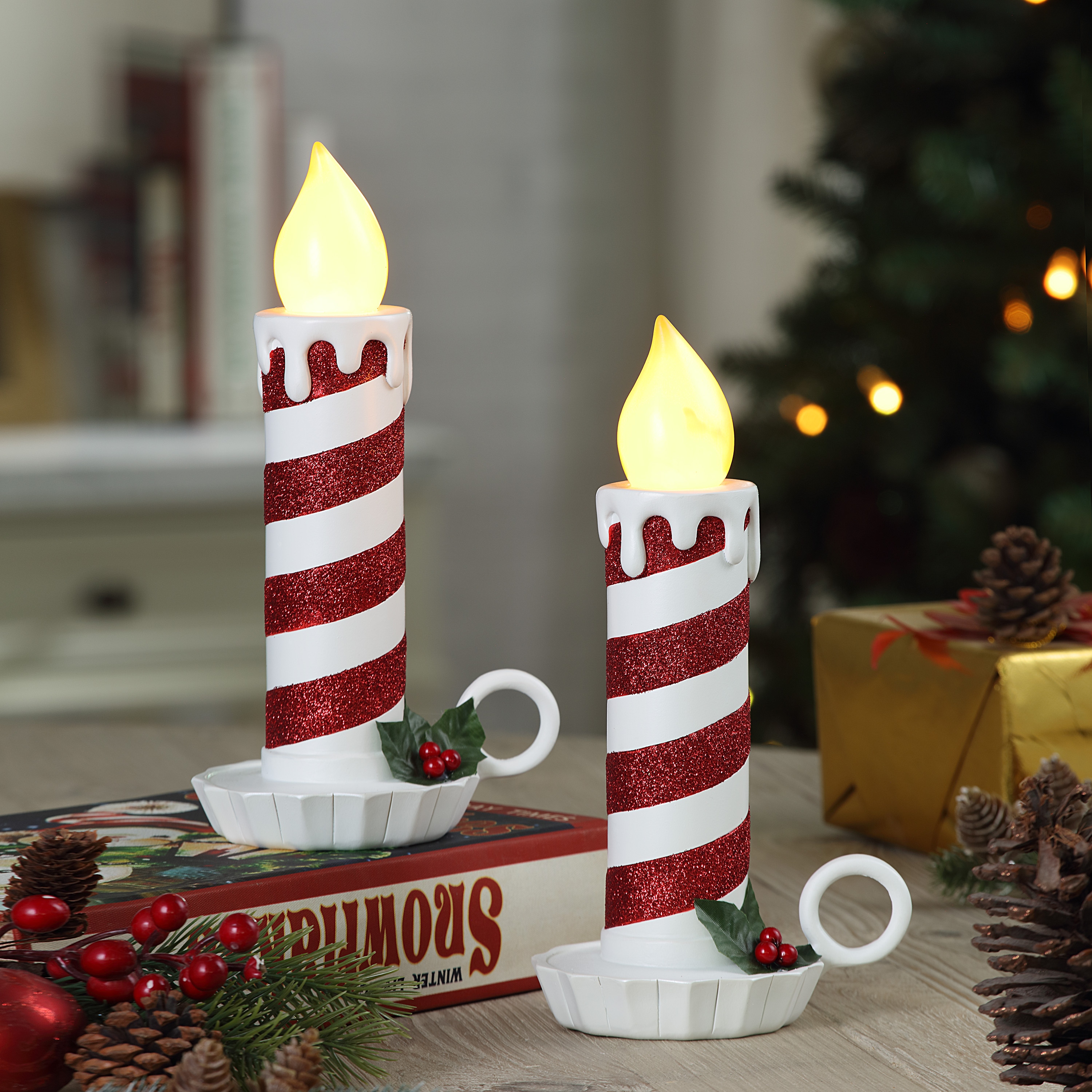 Mr. Christmas 10 inch Set of 2 Flickering LED Resin Glittery Striped Candles Red White