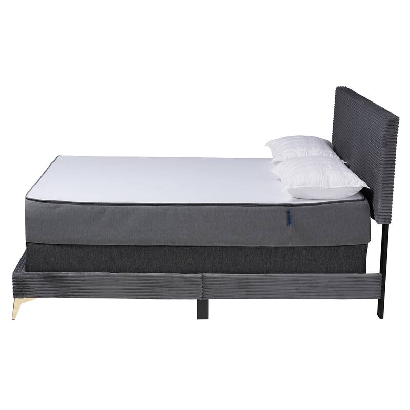 Velvet Queen Bed - Modern Panel Bed with Gold Metal Legs, Channel Tufted Headboard, Bedroom Furniture
