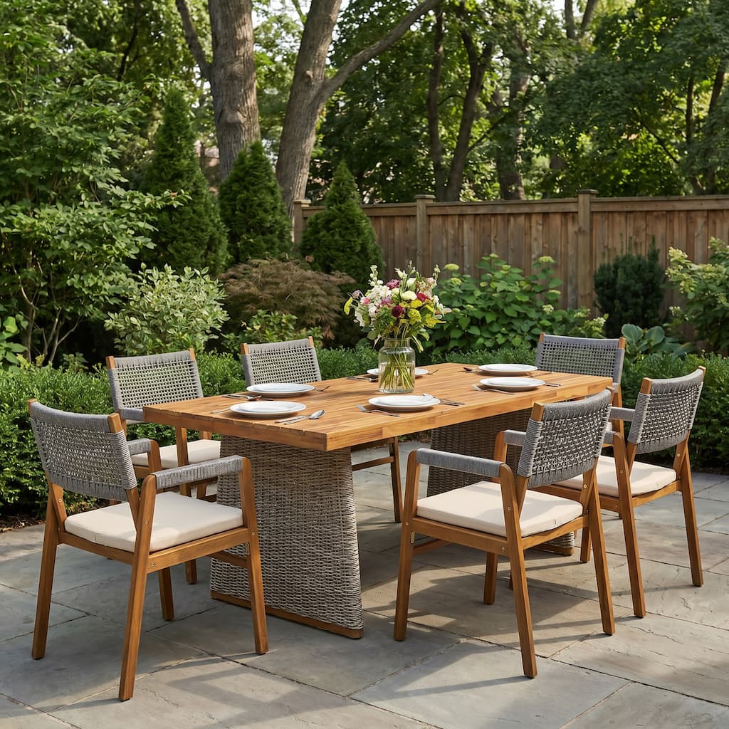 Christopher Knight Home - Outdoor Acacia Wood 7-Piece Dining Set with Rope-Woven Armchairs and Cushions