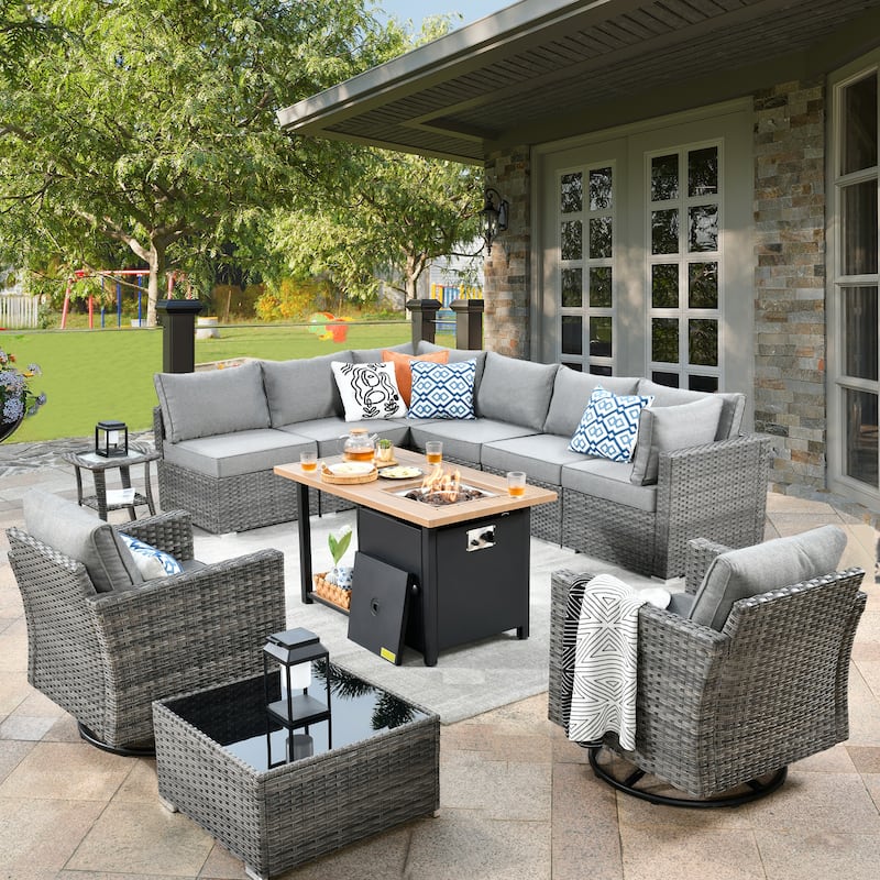 XIZZI 11-piece Outdoor Wicker Furniture Patio Swivel Chair Set with Firepit Table