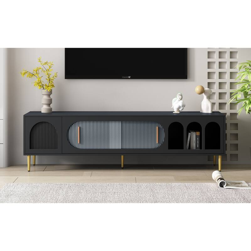 Modern TV Stand for 70+ Inch TV, Entertainment Center TV Media Console Table, with 3 Shelves and 2 Cabinets, sliding door