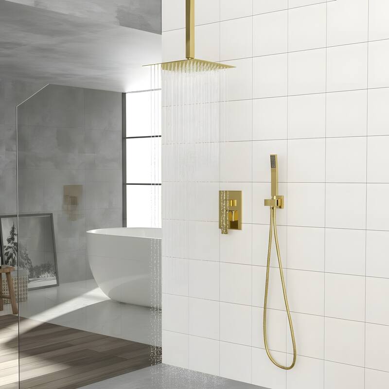 Ceiling-Mounted Square Shower System and Handheld Showerhead Set