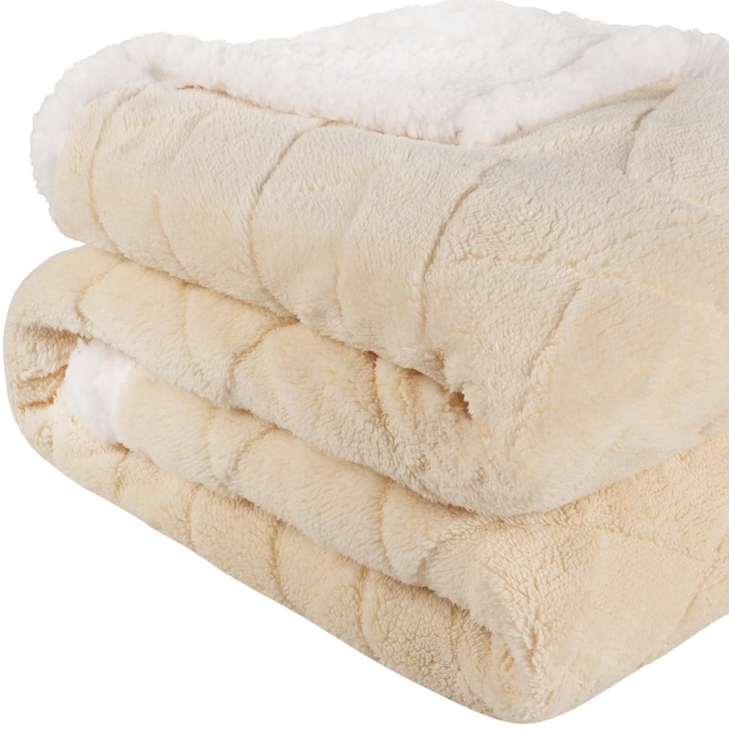 HomeRoots 50" X 60" Cream Fleece Woven Geometric Plush Throw Blanket