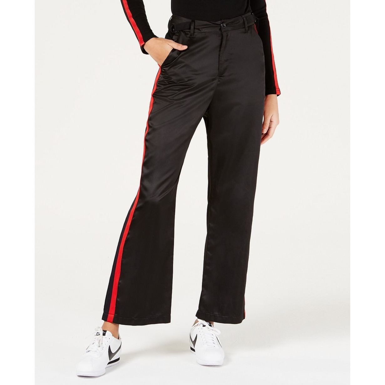 womens black trousers with red stripe