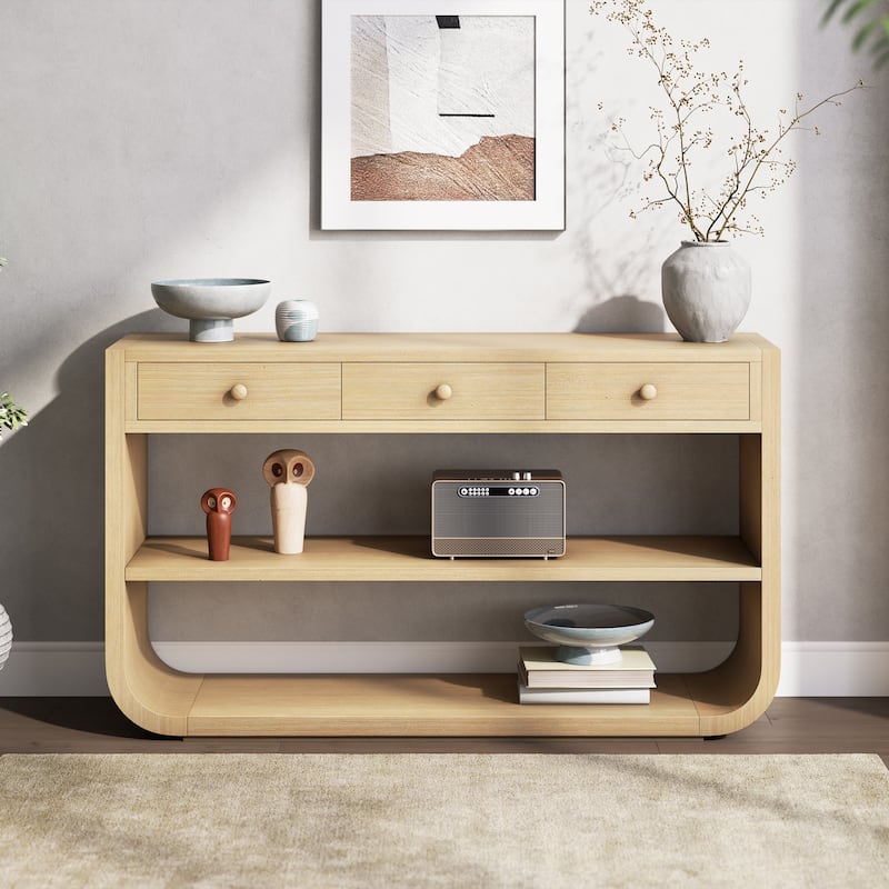 Christopher Knight Home - Modern Entryway Curved Console Table with Soft-Close Drawers & Open Shelves for Living Room, Hallway - Natural Brown
