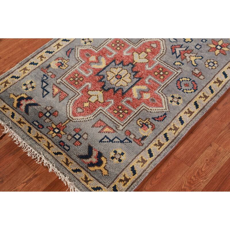 Gray Geometric Heriz Serapi Indian Runner Rug Handmade Wool Carpet - 2'7" x 7'8"