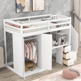 Twin Loft Bed with Wardrobe, Desk, Drawers, Cabinet, and Staircase, White