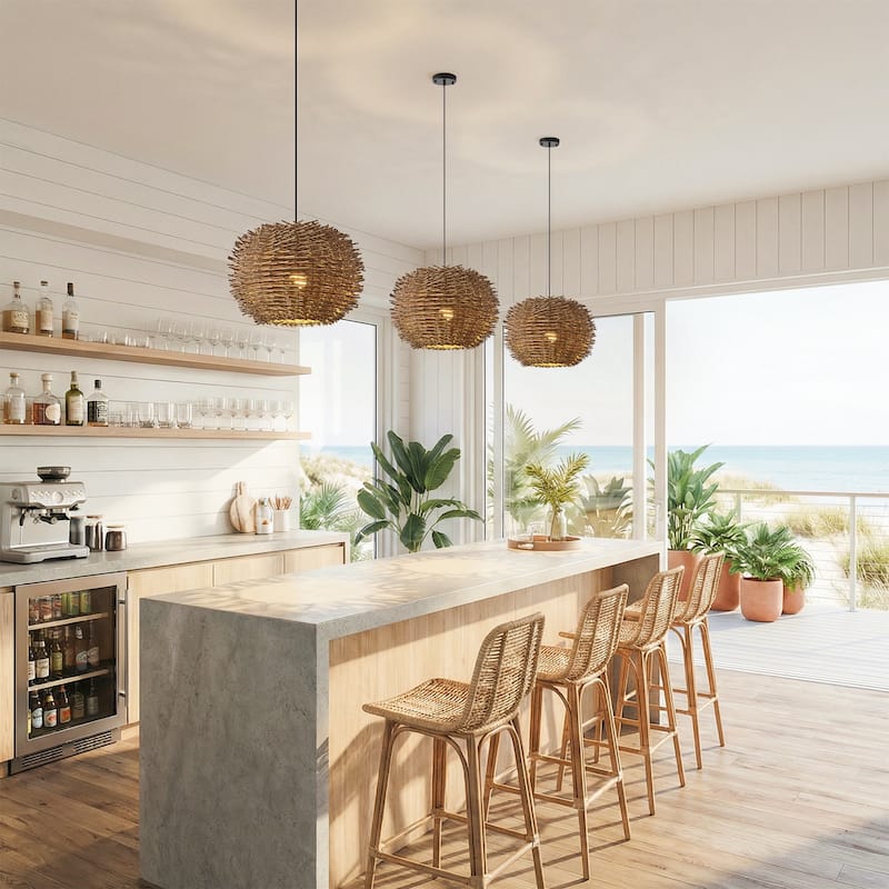 20-inch 1-Light Modern Natural Brown Hand-Woven Rattan Hanging Dining Room Chandelier - 18.89" W x 12.99" H