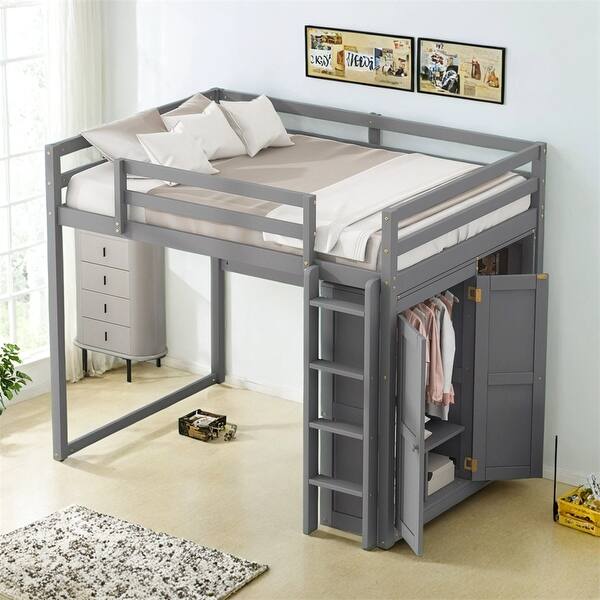 slide 2 of 17, Wood Full Size Loft Bed with Built-in Wardrobe and Storage Shelves