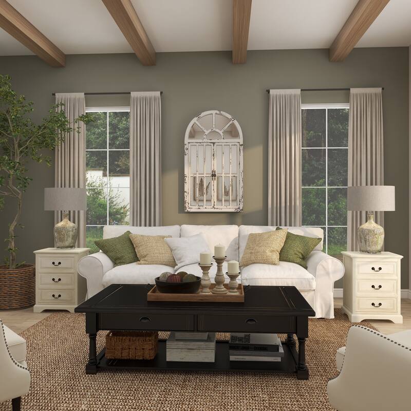 Wood Window Pane Inspired 2 Door Room Wall Mirror with Arched Top and Distressing - White - Roche River Decor