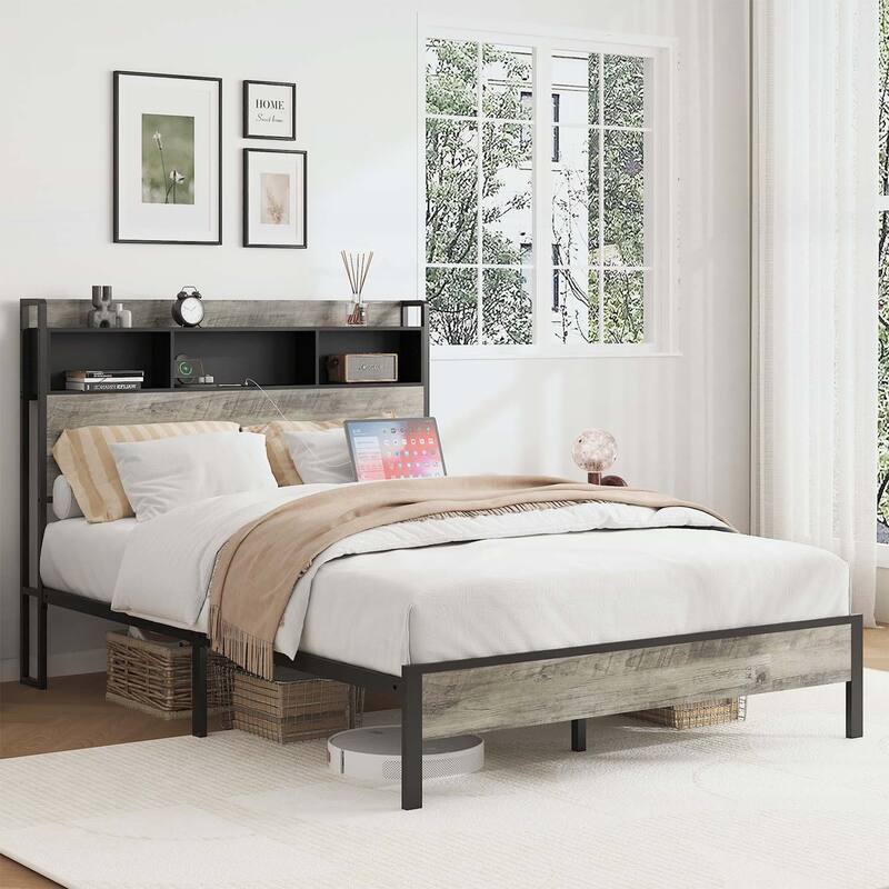 Wooden Platform Bed with Storage,2 USB Ports - Antique Gray-Full Size