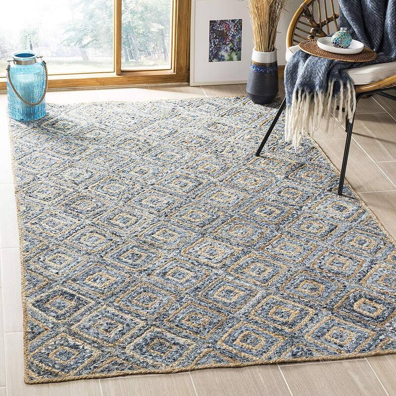 Area Rug 6x9 Natural Blue Jute Denim Braided Flatweave Living Room Bedroom Rug - 108 x 72