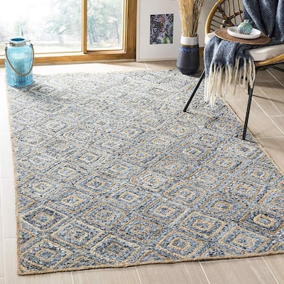 Area Rug 6x9 Natural Blue Jute Denim Braided Flatweave Living Room Bedroom Rug - 108 x 72