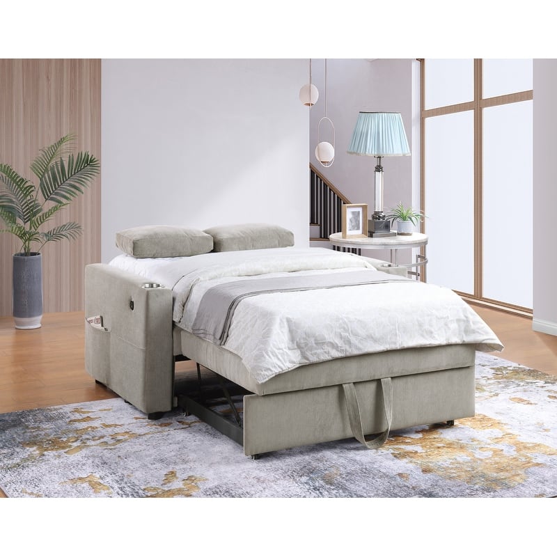 Luelle 57"W Corduroy Convertible Sleeper Loveseat with Cupholders, USB Ports, Magazine Pockets, Pillows, Tufting