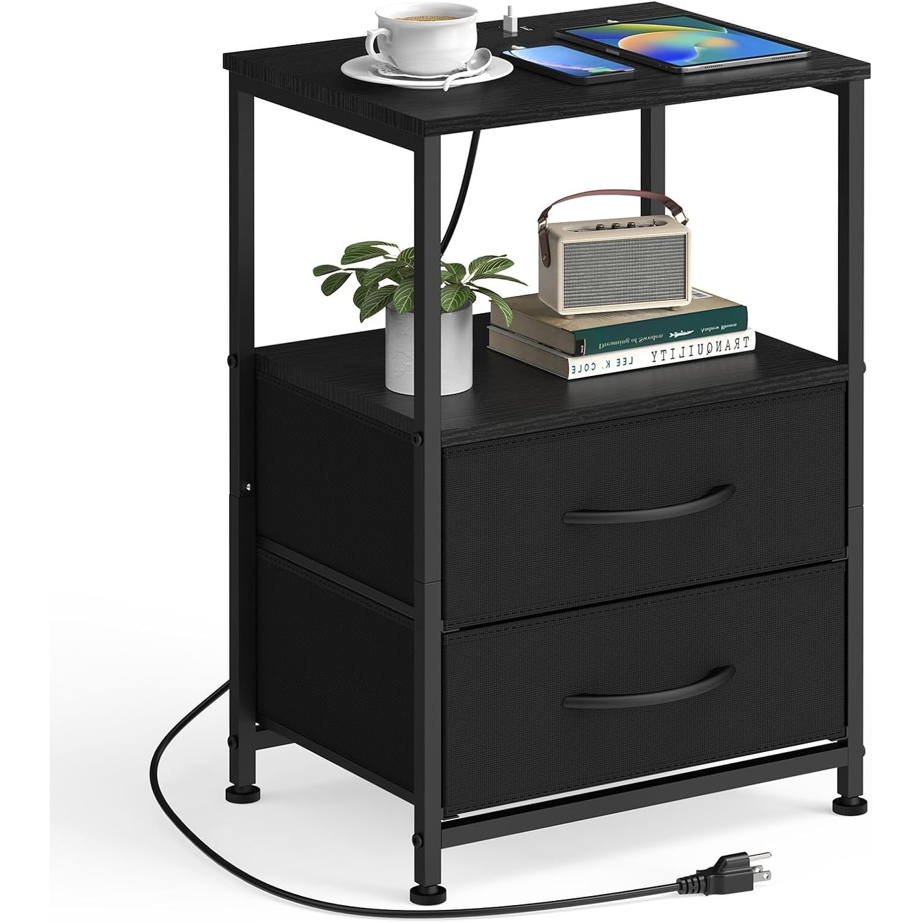 End Table with Charging Station, USB Ports & Power Outlets, 2 Fabric Drawers, Open Shelf for Bedroom or Living Room - Black
