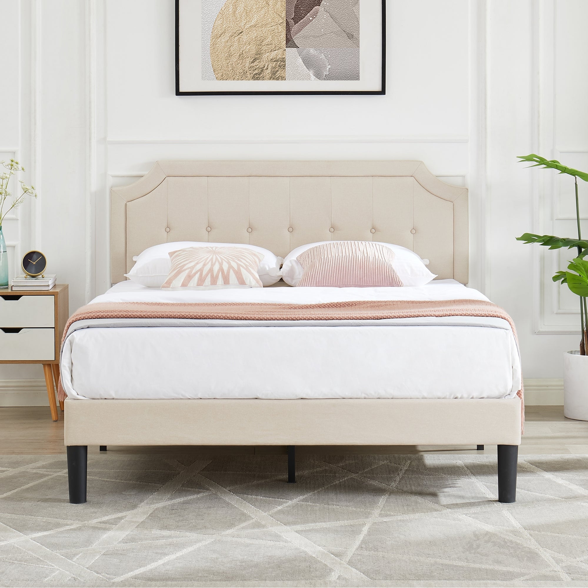 VECELO Adjustable Height Upholstered Bed Frame Headboard with Button Tufting No Box Spring Needed