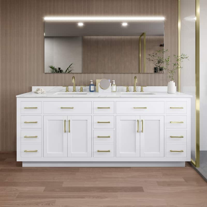 Wyndham Collection WCG262684D-QTZ-US3MXX Beckett TK 84" Free Standing - White / Giotto Quartz Top / Brushed Gold Hardware