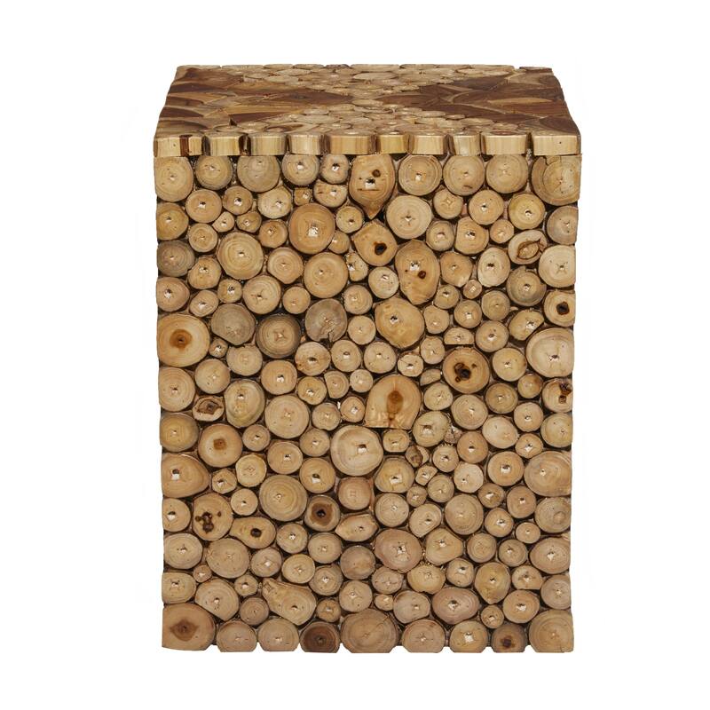 Brown Teak Wood Handmade Square Block Side End Accent Table with Mosaic Wood Chip Design