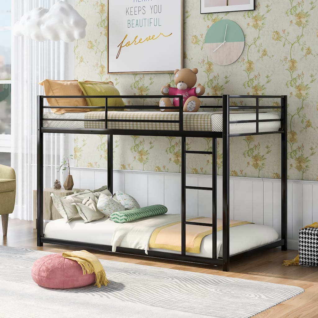 Twin over Twin Metal Bunk Bed with Ladder, Low Design, Black