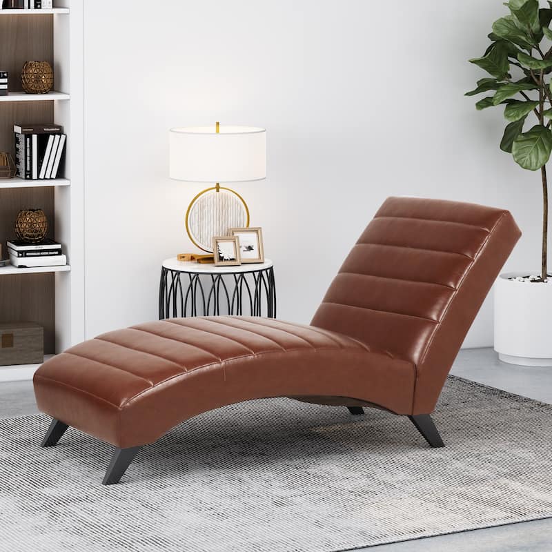 Roomfitters Modern Faux Leather Chaise Lounge with Curved Seat and Padded Channel Tufting, Light Brown