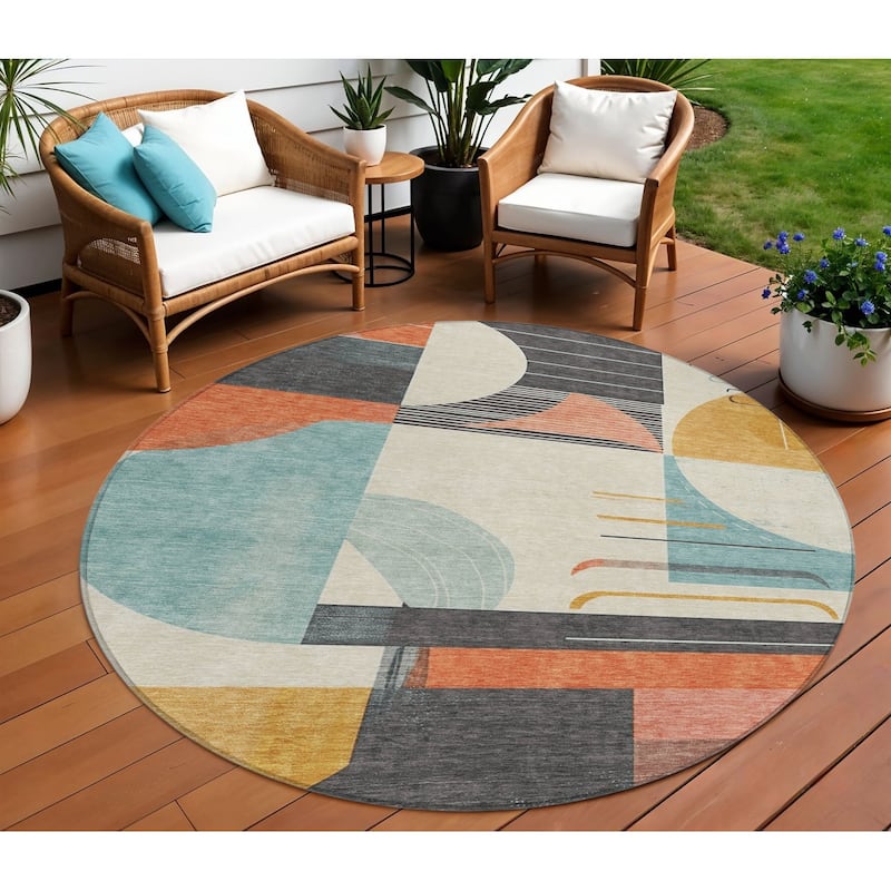 HomeRoots Geometric Modern Rectangle Outdoor Rug - 8' Round