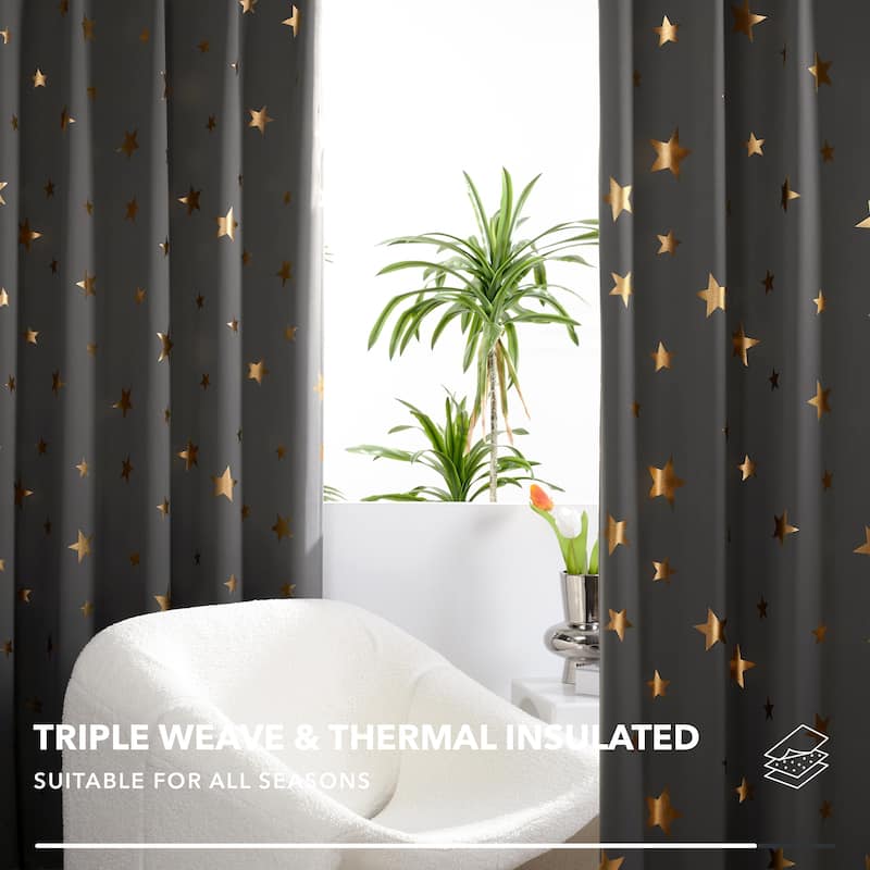 Gold Star Foil Room Darkening Curtains for Kids 2 Panels