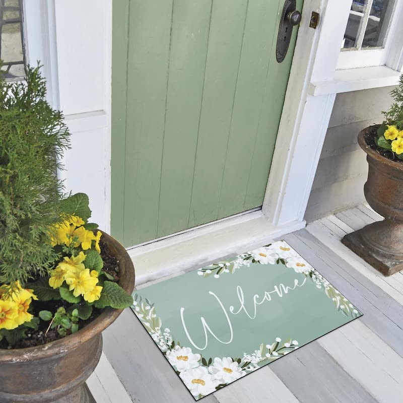 Floral Welcome Indoor/Outdoor Entryway Floor Mat Made in The USA Low Profile, Non-Skid Rubber Backing, 29.5" by 17.75" - 2' x 3'
