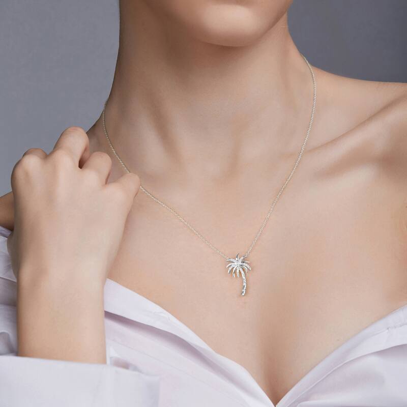 1/20ct Diamond Accented Palm Tree Pendant Necklace in Silver for Women