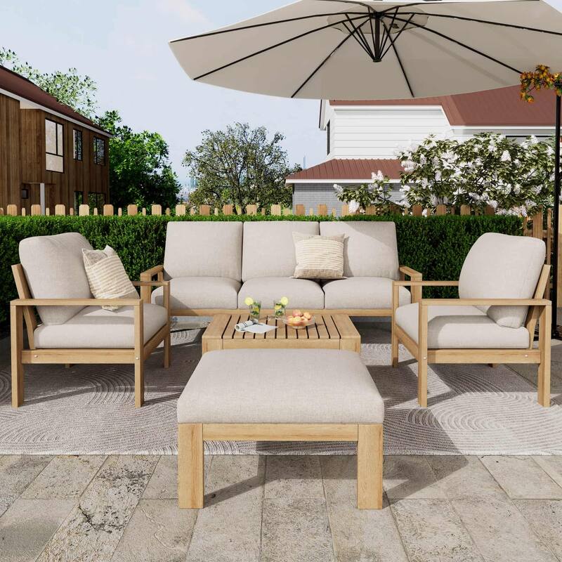 5-Piece Outdoor Wood Sectional Sofa Set with Coffee Table and Cushions - 5-Piece