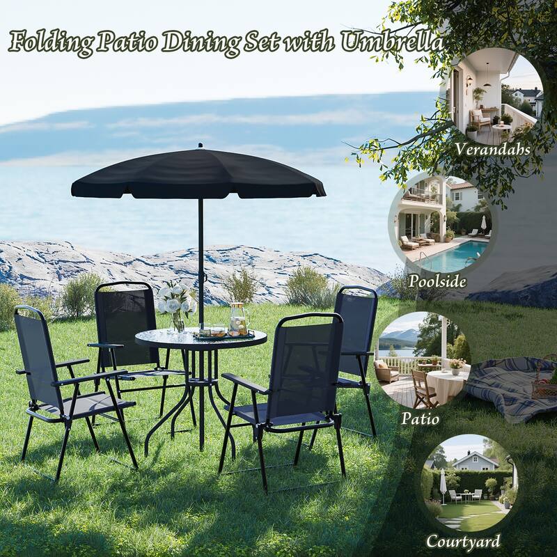 BOSSIN 6 Piece Foldable Metal Outdoor Dining Set with Umbrella, Table & Chairs for Deck, Lawn, Backyard