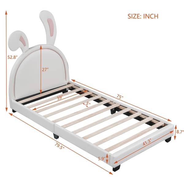 dimension image slide 0 of 3, Stylish Twin Leather Bed with Rabbit Design, Durable PU Upholstery, and Strong Support, Easy Assembly