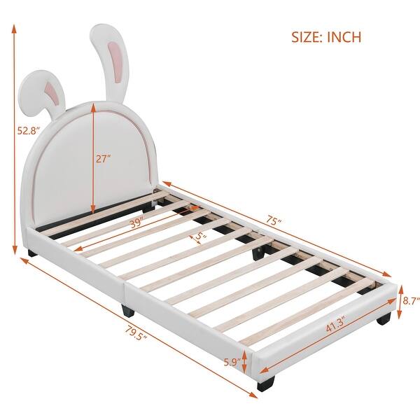 dimension image slide 1 of 3, Twin Size Rabbit Ornament Upholstered Platform Bed with PU Leather