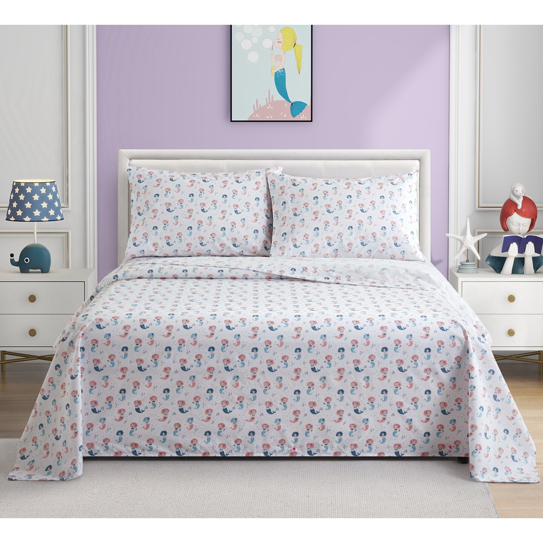 Kids Girls Printed 600 Thread Count Soft Deep Pocket Cotton Blend Percale All Season Bedding Sheet Set Cartoon Mermaid Bed Bath Beyond 39190799