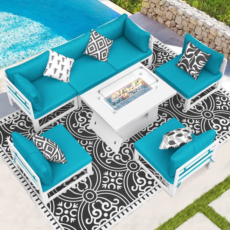 FINCATI 7 Piece Aluminum Outdoor Furniture Set with Propane/Natural Gas Fire Pit Table, 29" Wide Outdoor Sectional Sofa for 6