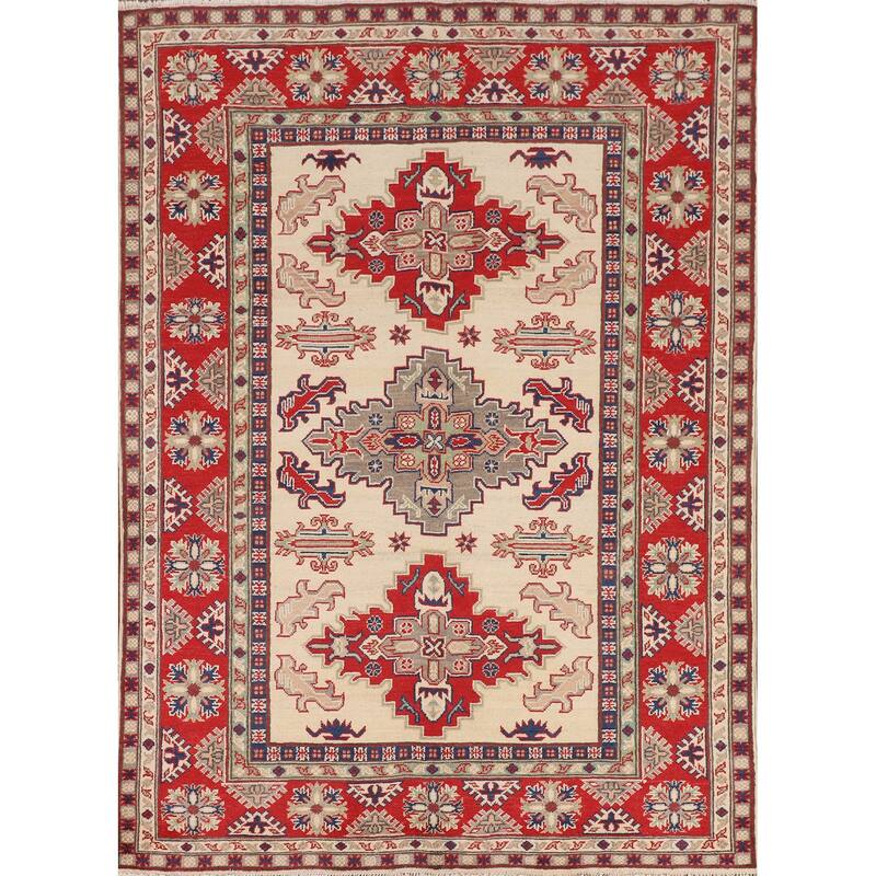 Kazak Oriental Area Rug Hand-Knotted Beige Geometric Wool Carpet - 5'1" x 6'7"