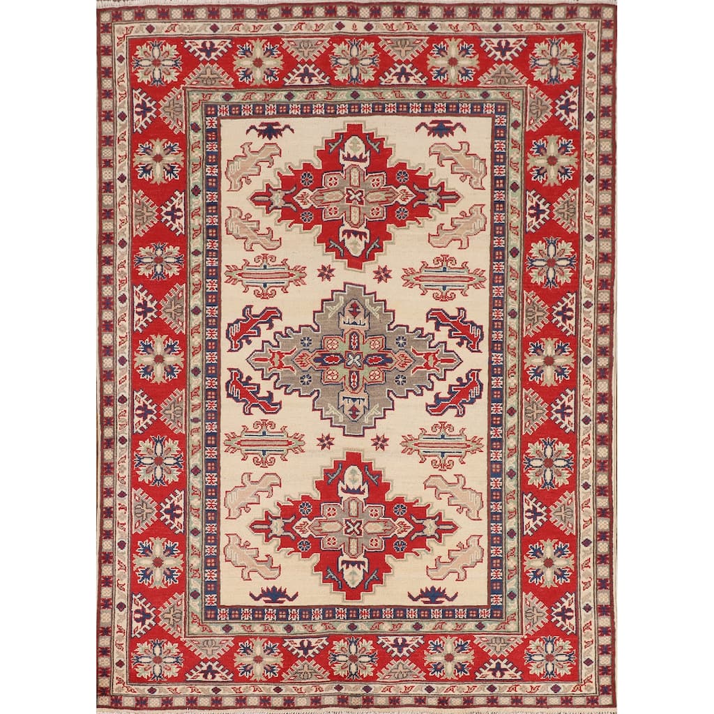 Kazak Oriental Area Rug Hand-Knotted Beige Geometric Wool Carpet - 5'1" x 6'7"