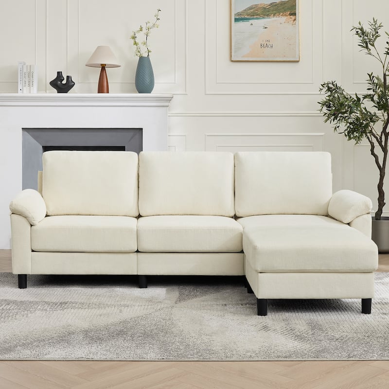 90" L-Shaped Chenille Upholstered 3-Seater Sofa Couch Sectional Sofa with Ottoman - Beige