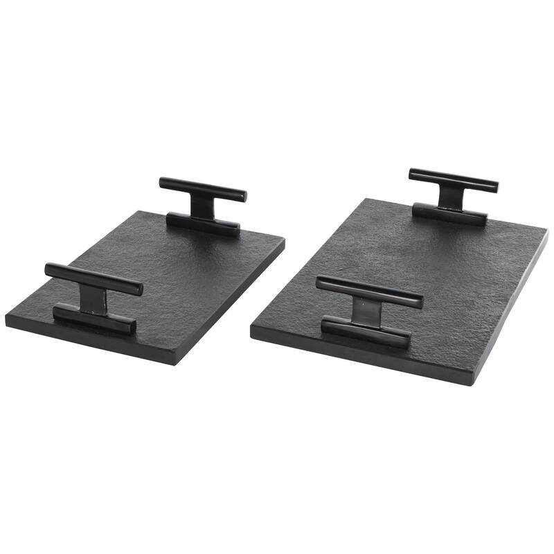 Black Marble Textured Living Room Decor Tray with Silver or Black Rod Handles (Set of 2)