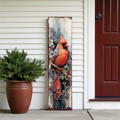 HomeRoots 36" Blue Red And White Solid Wood Christmas Birds Porch Sign