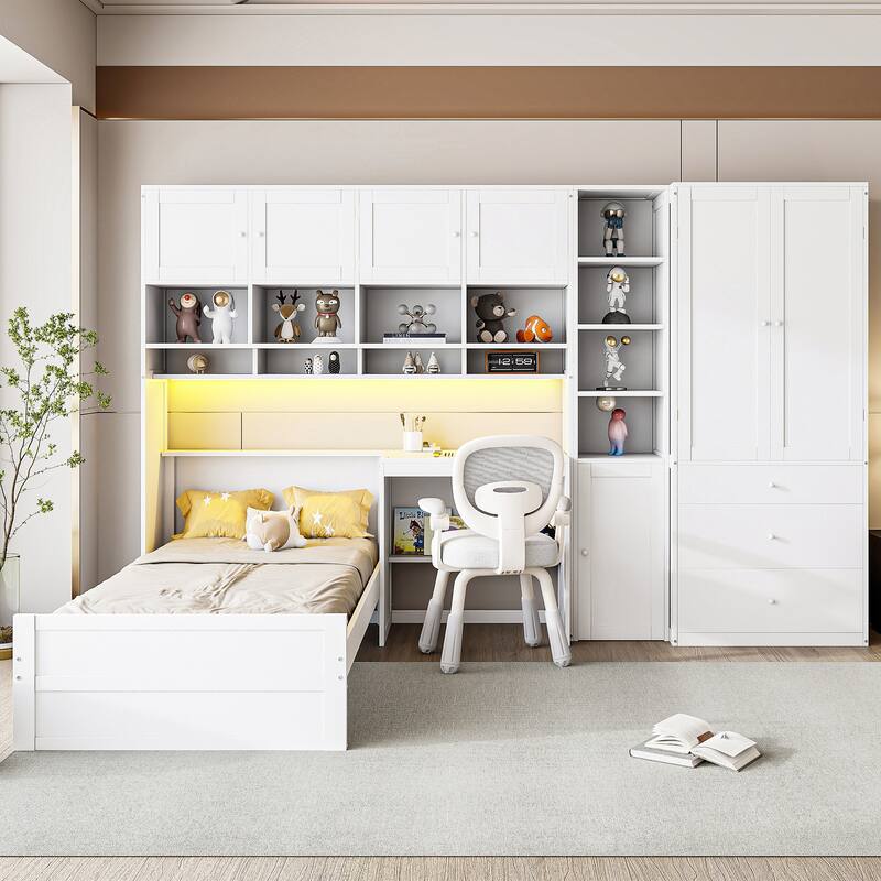 Twin Size Murphy Bed Cabinet Foldable Wall Bed Frame with Storage Wardrobes, Desk & Shelves, Wooden Hidden Platform Bed Chest - White