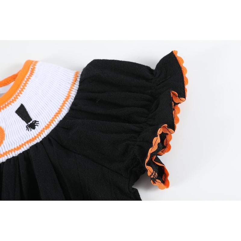 Lil Cactus Black and Orange Boo Halloween Smocked Bishop Dress