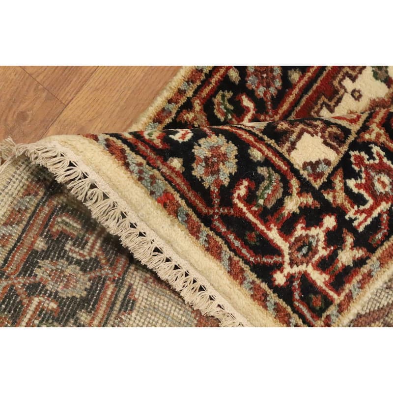 Hand Knotted Oriental 100% Wool Carpet Traditional Geometric Beige & Ivories Heriz (serapi) Runner Rug - 9' 11'' X 2' 5''