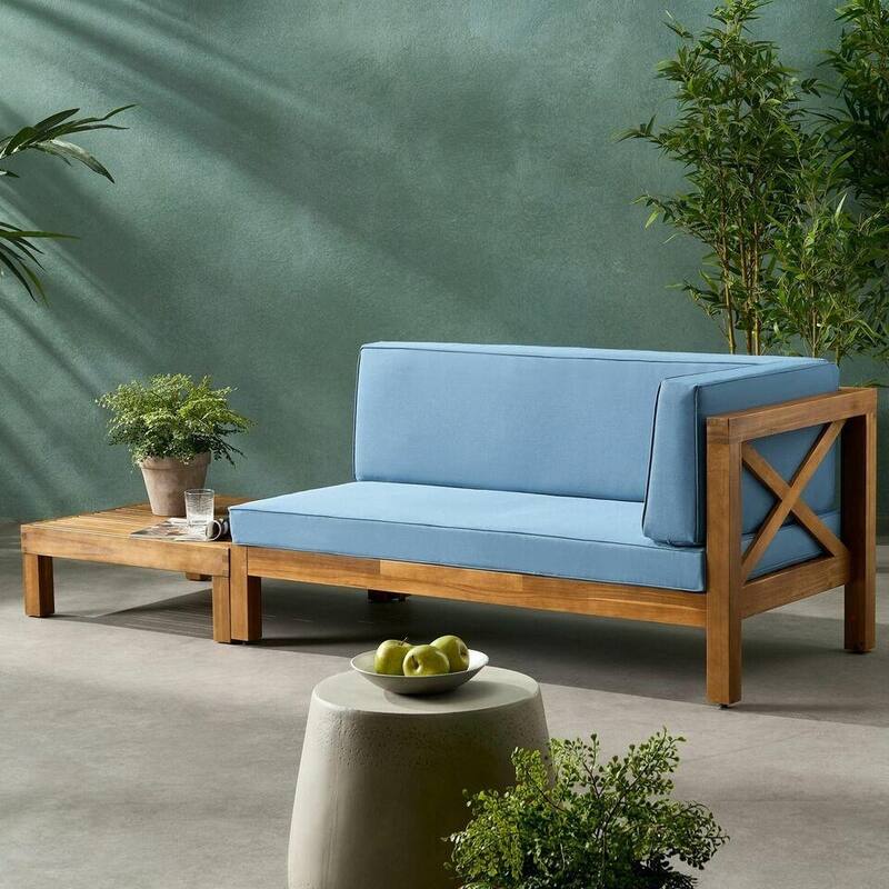 Roomfitters X-Back Corner Bench with Coffee Table, Outdoor Wooden Patio Sofa with Cushions for Garden or Porch - Blue
